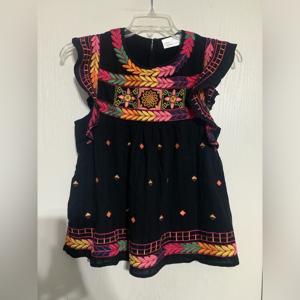 The Room Black Top with Pink and Yellow Embroidery
